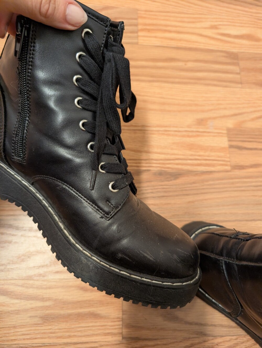Madden Girl Black Leather Lace-Up Combat Boots with Side Zip